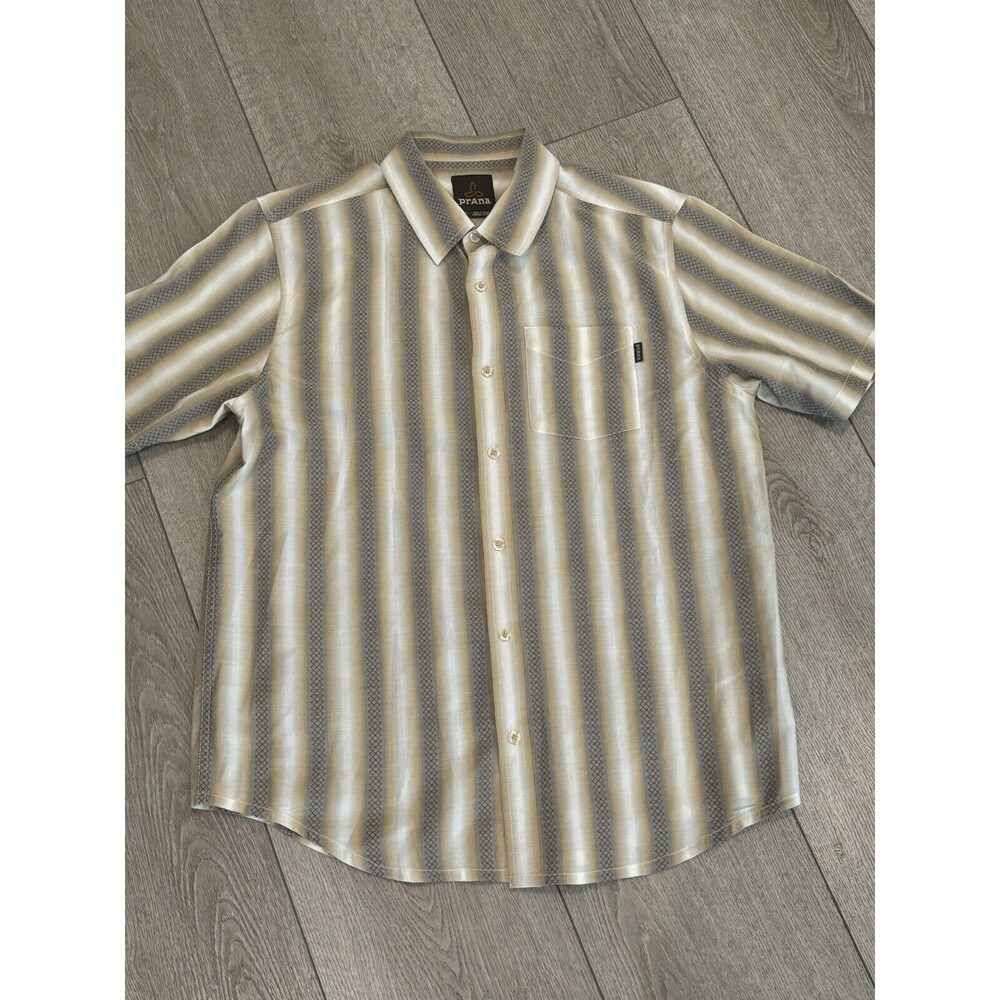 prAna Breathe Men’s‎ Button-Up Short Sleeve Plaid Shirt Medium White Beige